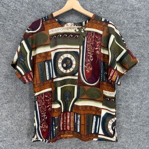 Nicola Blouse Women M Medium Brown Geometric Short Sleeve Hook & Eye Casual